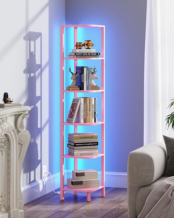 TUTOTAK Corner Shelf with LED Light, 6-Tier Corner Bookshelf for Small Space, Narrow Display Corner Shelf Stand with Storage Rack, for Living Room, Bedroom, Pink BS08BP006L