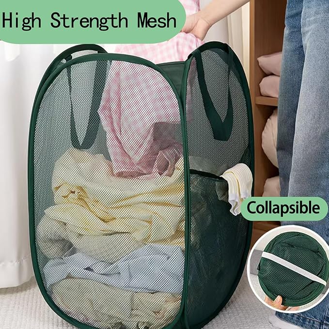 Pop Up Laundry Basket, Collapsible Mesh Laundry Hamper, Vertical Popup Hamper for Laundry, Spacing Saving Storage Basket for Bedroom, Hotel, Cruise, Green