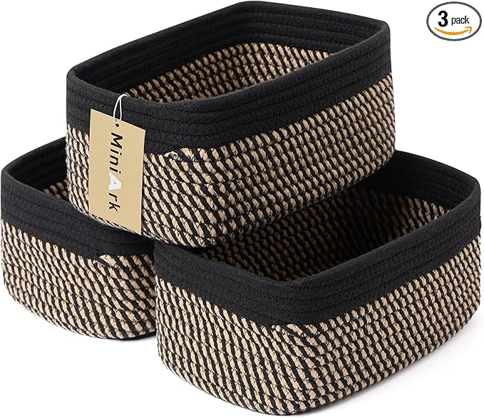 Small Storage Baskets for Organizing | Closet Organizer Bins | Shelf Toy Basket | Woven Rope Baskets | Cube Decorative Box | Shallow Basket | 11.5x7.5x4.7” | 3 Packs Black Brown