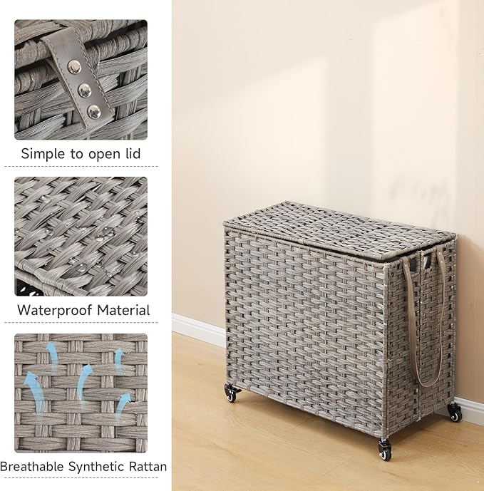 Laundry Hamper with Wheels, 34.3 Gallon(130L) Rolling Laundry Basket with Lid, 3-Section Rattan Clothes Hamper with 3 Removable Liner & 3 Mesh Bags, Laundry Sorter with Side Pocket, Grey