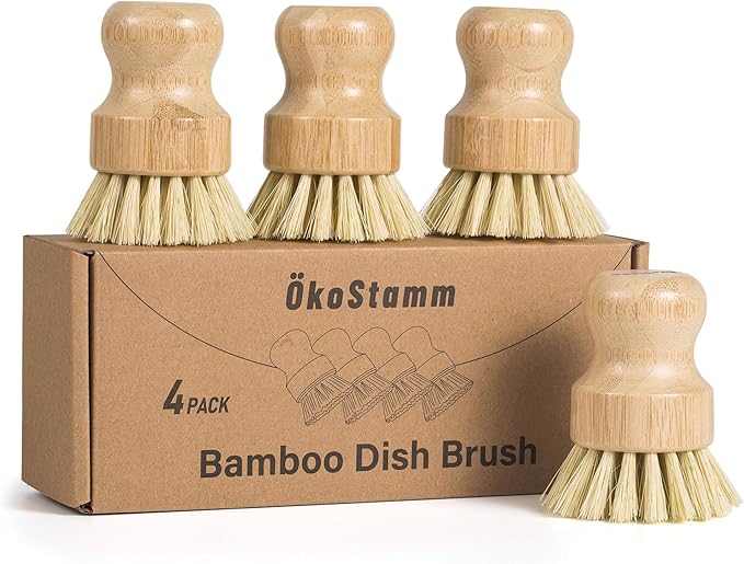 4 Pack Bamboo Dish Brush, Dish Scrubber Brush with Sisal Bristle, Natural Scrub Brush for Kitchen Cleaning Dishes, Pots, Pans, Bottles, Vegetables