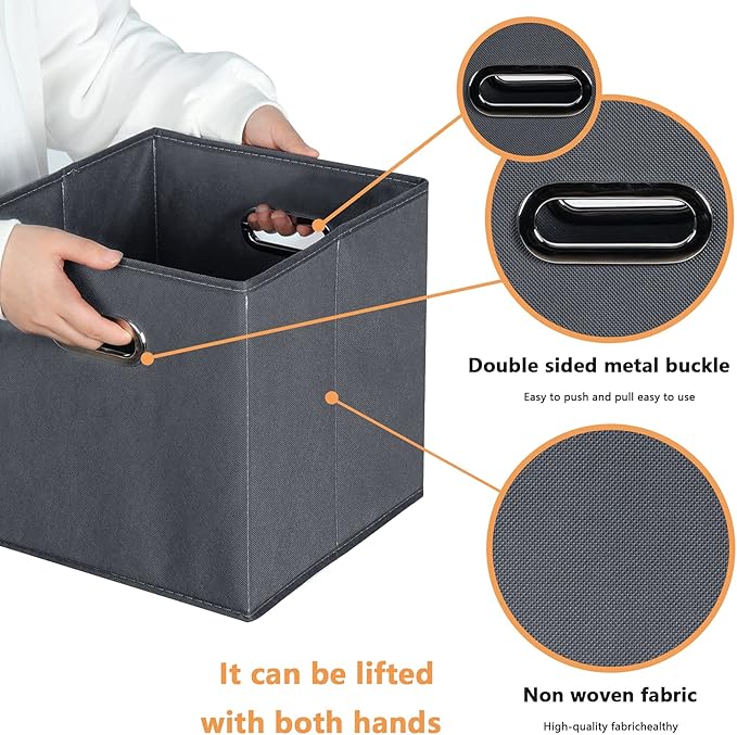Yunkeeeper storage bins Cubes, Fabric Cube Organizer with Handle, Foldable Cube Bins for Cloth or Accessary Storage, 11x11x11, Set of 6, (Gray)