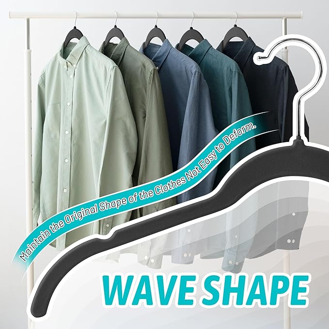 Sishynio Premium Velvet Hangers 50 Pack - Space-Saving Closet Organizer for Clothes, Non-Slip Flocked Design, Ideal for Shirts and Coats (Black)