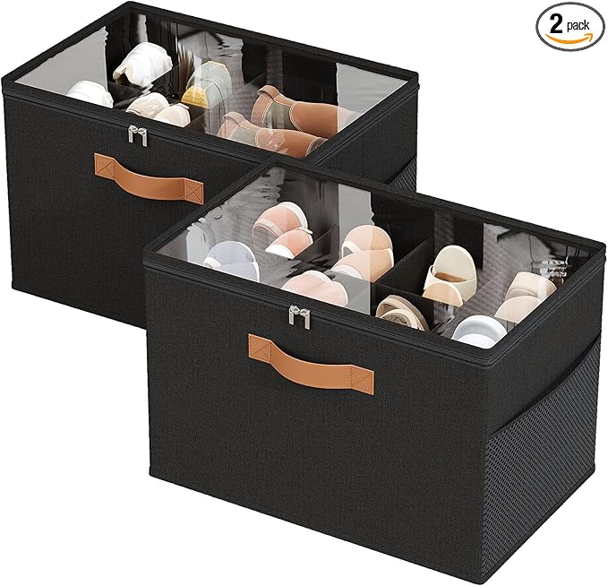 2 Pack Shoe Organizer for Closet,Foldable Shoe Storage Organizer with Adjustable Dividers, Shoe Storage Box with Clear Cover, Fits up to 16 Pairs, Black