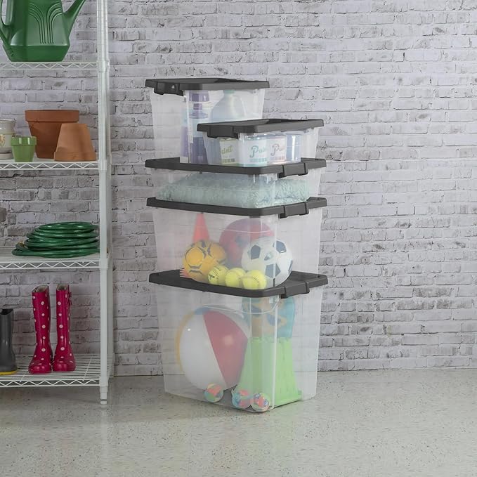 76 Quart Heavy-Duty Stacker Box – Clear Plastic Storage Bin with Secure Latch Lid, Ideal for Home, Garage, Closet & Basement Organization, Dark Gray (1)