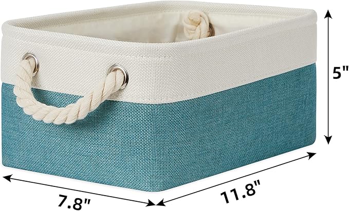 Bidtakay Fabric Baskets for Organizing Closet Set of 6 Small Storage Bins 11.8 X 7.8 X 5 Inches Decorative Storage Baskets for Shelves Foldable Bins for Cube Organizer Rectangular(White&Teal Blue)