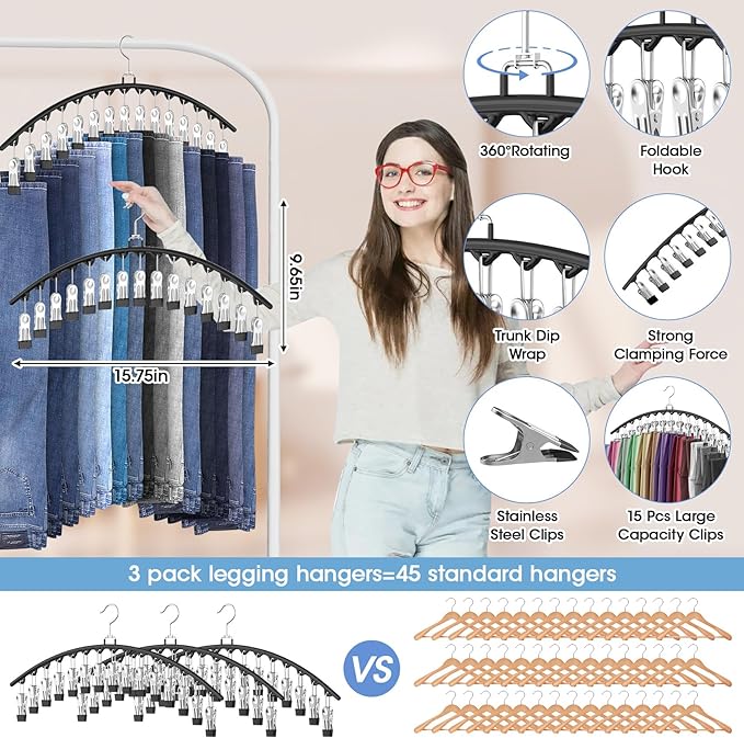 6 Pack Legging Organizer for Closet Hanging, Pants Hangers with Clips Holds 95 Leggings, Shorts, Skirts, Jeans, Hats, Pants Hangers Space Saving Clothes Racks Closet Organizers and Storage, Black