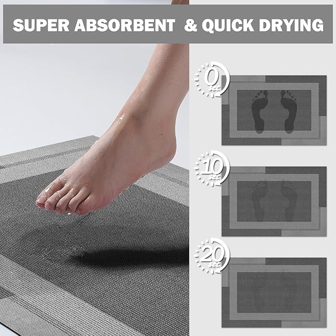 YDKGL Non Slip Bath Mat, Rubber Backing Ultra Thin Bathroom Rugs Fit Under Door Quick Dry Super Absorbent Washable Bath Rug Shower Mat for Bathroom Floor Bathtub Sink, Easy Care Dark Grey 16"x24"