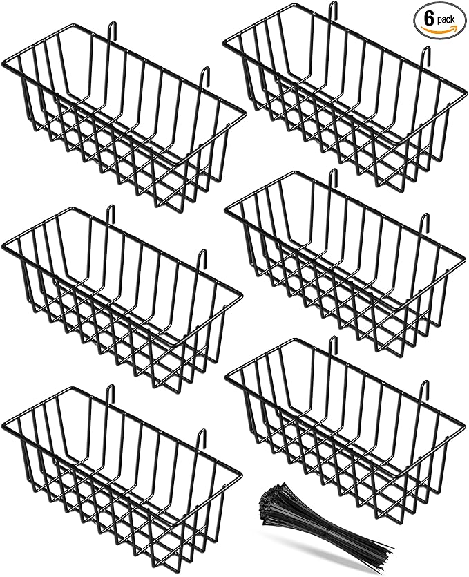 6 Pack Wire Baskets, Black Grid Wall Accessory, Wire Grid Panel Hanging Basket, Display and Storage Wall Basket for Kitchen, Home Decor, Potted Plants