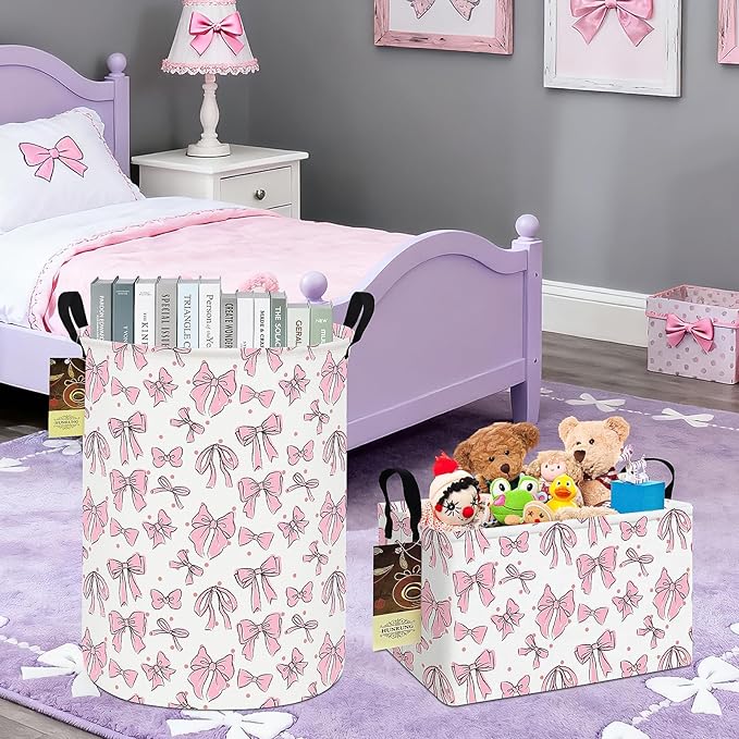 HUNRUNG Laundry Hamper,Large Canvas Fabric Lightweight Storage Basket Toy Organizer Dirty Clothes Collapsible Waterproof for College Dorms（Round-Pink Bow）