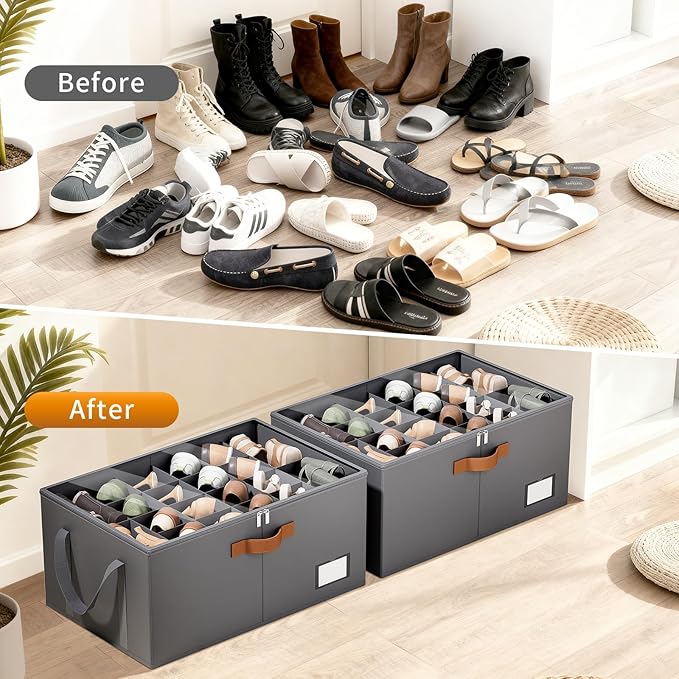 2 Pack Shoe Organizer for Closet, Foldable Shoe Storage Organizer with Clear Cover, Lable and Reinforced Handles, Space Saving Shoes Box Fits up to 20-40 Pairs, Gray