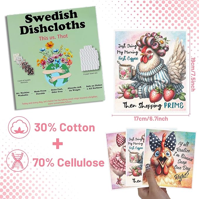 Funny Chicken Swedish Dishcloths for Kitchen, 6PCS Cellulose Sponge Reusable Paper Towels Washable, Cute Absorbent Fast Drying Swedish Dish Cloth for Home Cleaning