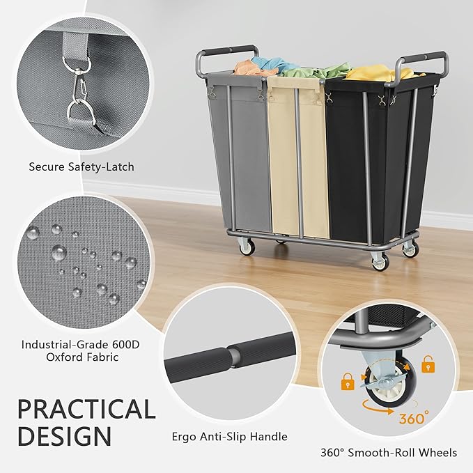 Large laundry hamper with Wheels, 360L 3 Bag Big Rolling Laundry Hamper Sorter Cart, Extra Large Laundry Clothes Hamper, Heavy Duty Laundry Basket Organizer for Laundry Room,Bathroom,Black