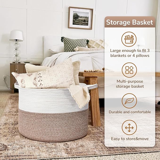 Goodpick Large Storage Basket, 83L Dorm Room Essentials, Blanket Woven Rope Basket for Living Room, Baby Blanket Storage, 21.7 x 13.8 inches
