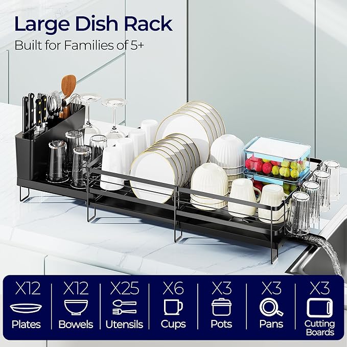 Large Dish Drying Rack, Expandable Dish Rack for Kitchen Counter, Dish Drainer with Drainboard Set, Multifunctional Dishrack with Utensil Holder & Cup Holder, 13.4"-28.7" L x 11.8" W, Black