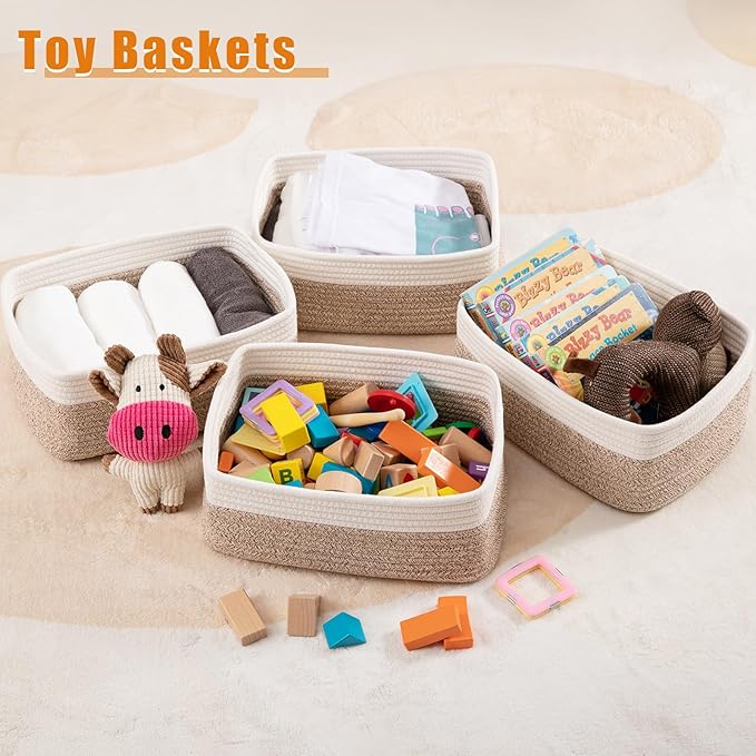 OIAHOMY 4 Pack Storage Baskets for Organizing, Small Bins for Shelves, Cute Decorative Storage Bins, Organizer Baskets for Gifts Empty, 14.2''Lx11''Wx6.3''H, Brown/White