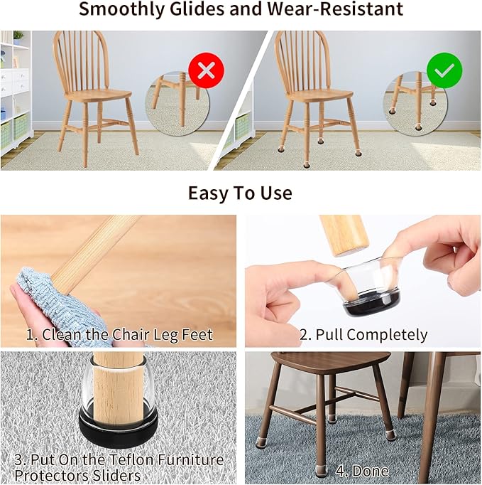 Ezprotekt 24 Pcs Chair Sliders for Carpet, Chair Glides for Carpet, Round Carpet Teflon Furniture Pads, Bar Stool Leg Protectors Caps, Furniture Sliders for Table, Chair (L Fit: 1-1/10" to 1-3/10")