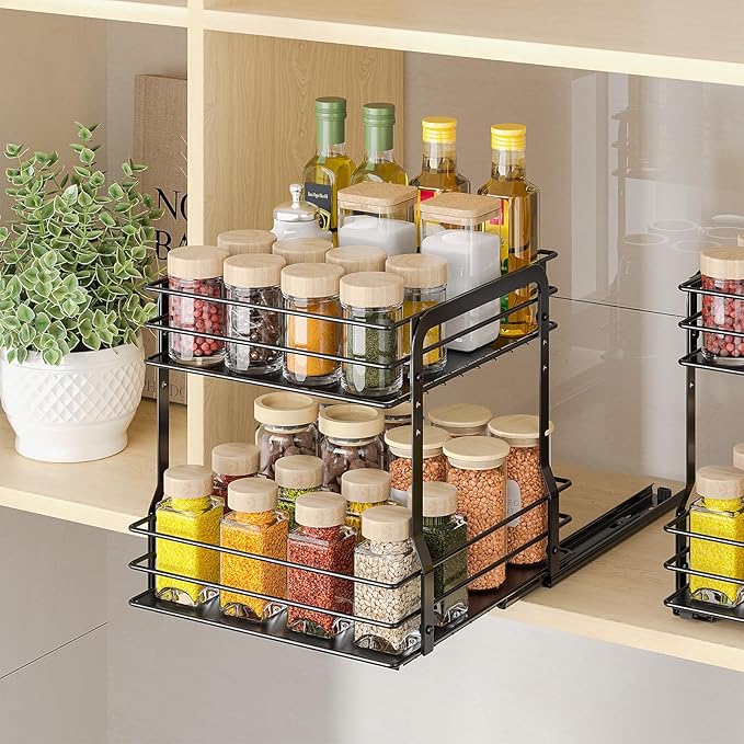 Pull Out Spice Rack Organizer for Inside Cabinet, 2 Tier Metal Spice Organization for Cabinet, 9.65"W x 10.7"D x 10.24"H, Vertical Slide Out Seasoning Organizer (Not for Cabinet with Lip)