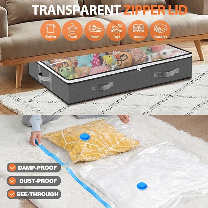 4 Pack Under Bed Storage Containers with Window and Handles, 5 Pack Vacuum Storage Bags for Clothes Comforters Blankets, Save Space