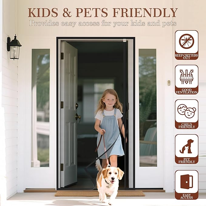 Yotache Reversible Left Right Side Opening Magnetic Screen Door Fits Door Size 62 x 80, Enjoy Breeze Net Curtain for Front, Balcony, Patio Sliding Door, Actual Screen Size 64" x 81"