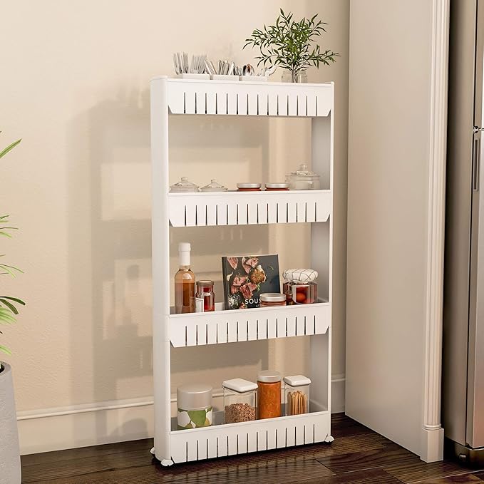 4-Tier Storage Organizer Rack - Plastic Rolling Cart for Office, Dorm, Bedroom, Bathroom, and Laundry Room Organizing by Lavish Home (White)
