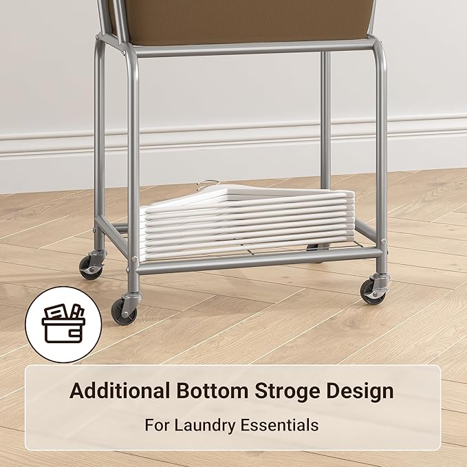 ELYKEN Laundry Cart with Wheels, Rolling Laundry Hamper with Removable Bag and Shelf, Metal Frame Laundry Basket with 4 Casters and 2 Brakes, Ideal for Bedroom, Bathroom, Laundry Room, Camel Brown
