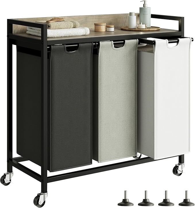 Laundry Hampers with Shelf, Laundry Basket 3 Section, Laundry Sorter with Pull-Out Removable Large 3 Color Bags and Movable Wheels, Metal Frame, 3 x 15.87 Gallons (60L), Greige PF04XLZ
