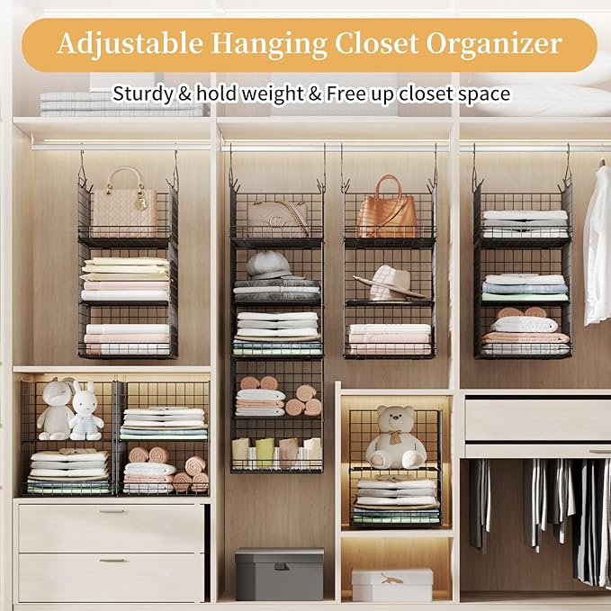 5 Tier Closet Hanging Organizer and Storage Separable Hanging Closet Shelves with 4 Hooks 2 Adjustable Dividers, Wire Storage Basket Bins for Clothing Sweaters Socks Dolls Handbags, Foldable