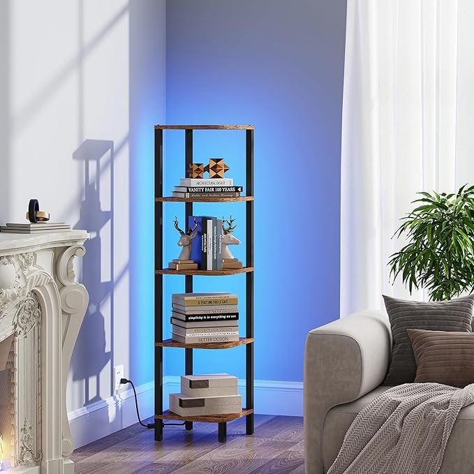 TUTOTAK Corner Shelf with LED Light, 5-Tier Corner Bookshelf for Small Space, Narrow Display Corner Shelf Stand with Storage Rack, for Living Room, Bedroom, Rustic Brown BS08BB005L