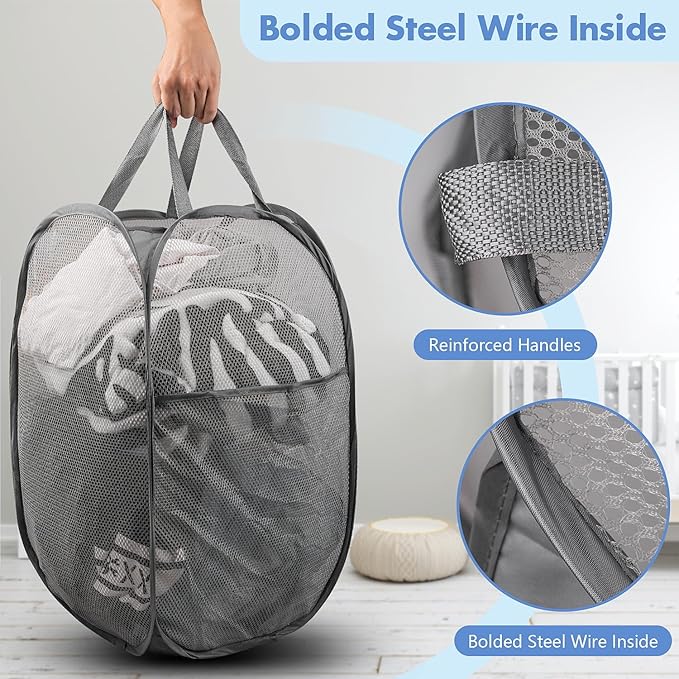 DUCOO Pop Up Hamper, 1 PCS Mesh Pop Up Laundry Hamper, Foldable Mesh Laundry Basket with Space-Saving Design for Home, Dorm, Travel & Storage - Gray