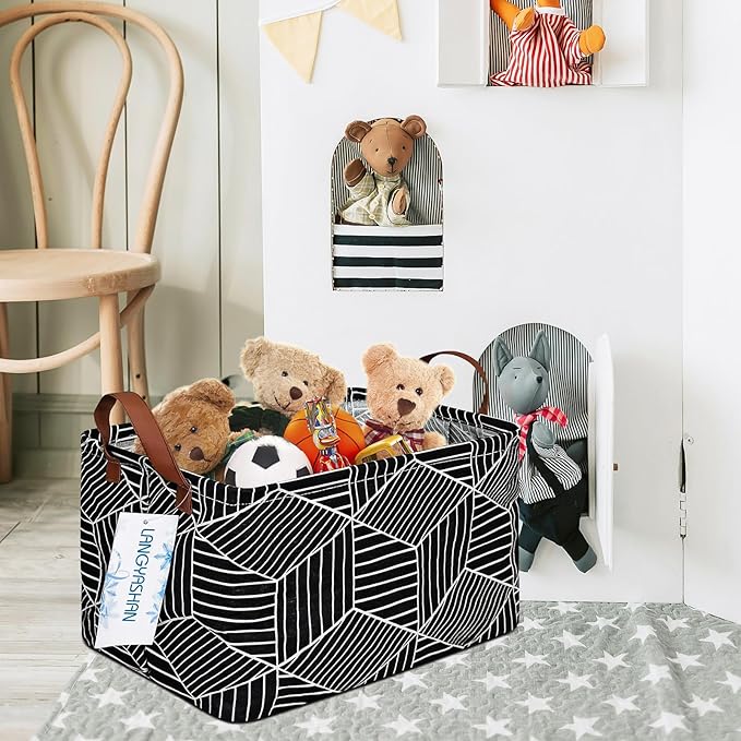 LANGYASHAN Rectangular Storage Bin Collapse Canvas Fabric Cartoon Storage Basket with Handles for Organizing Home Kitchen Boys and Girls Toys Office Closet Shelf Baskets (Black Diamond)