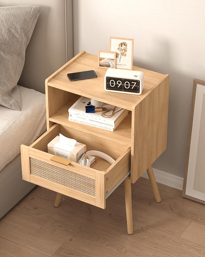 Veegle Rattan Nightstand,Modern Bedside Table with Storage Drawer and Open Wood Shelf, for Living Room, Bedroom and Small Spaces, Accent Night Stand with Solid Wood Legs, Easy Assembly,(Oak)