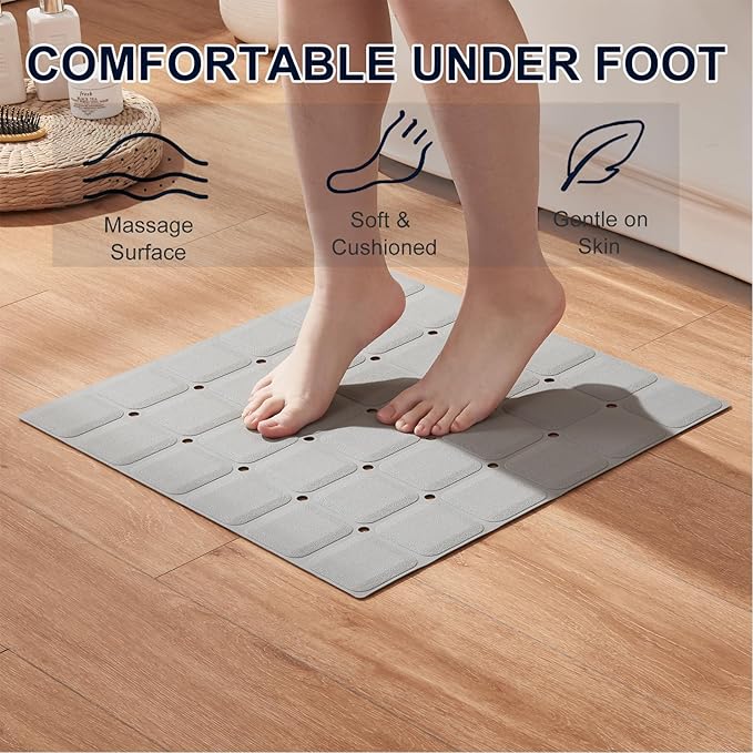 Webos Anti Slip Shower Mat for Tub & Shower Stall, 21" x 21" Square Silicone Bathtub Mat with Powerful Suction Cups, Fast-Draining, Machine Washable Soft Foldable Bathroom Mat, Grey