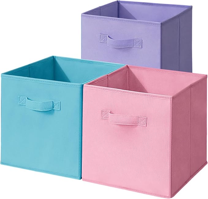 Easi 11 inch Cube Storage Bins, 3 Storage Cube Organizer, Collapsible Fabric storage cubes with Handles, Closet Storage Basket For Organization, Shelf Basket For Shelves Clothes Books, Multi