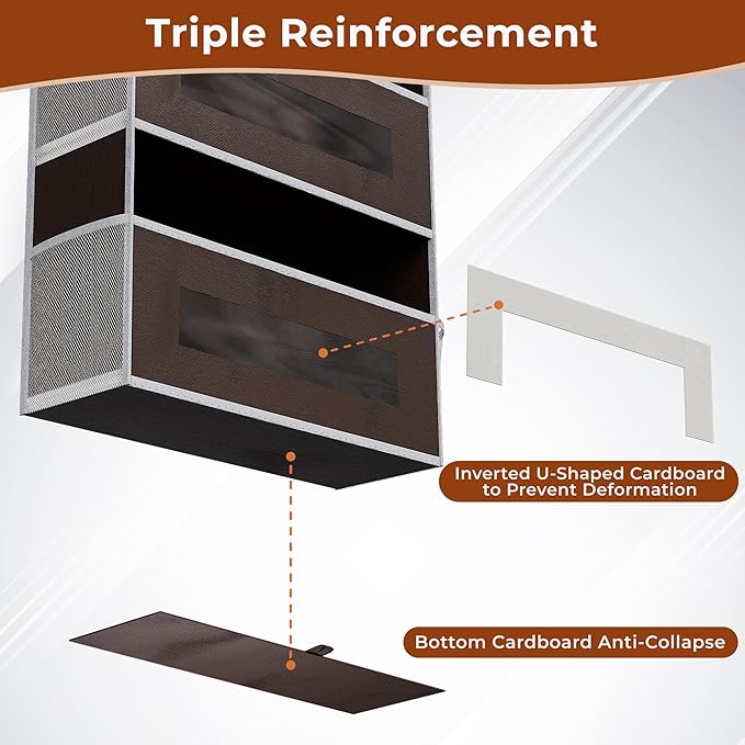2 Packs 5-Tier Over the Door Storage Organizer with 10 Side Mesh Pockets, 48 lbs Load Capacity, 3 Hooks Design, Hanging Organizer with Clear Windows for Bathroom, Bedroom, Nursery, Kitchen-Brown