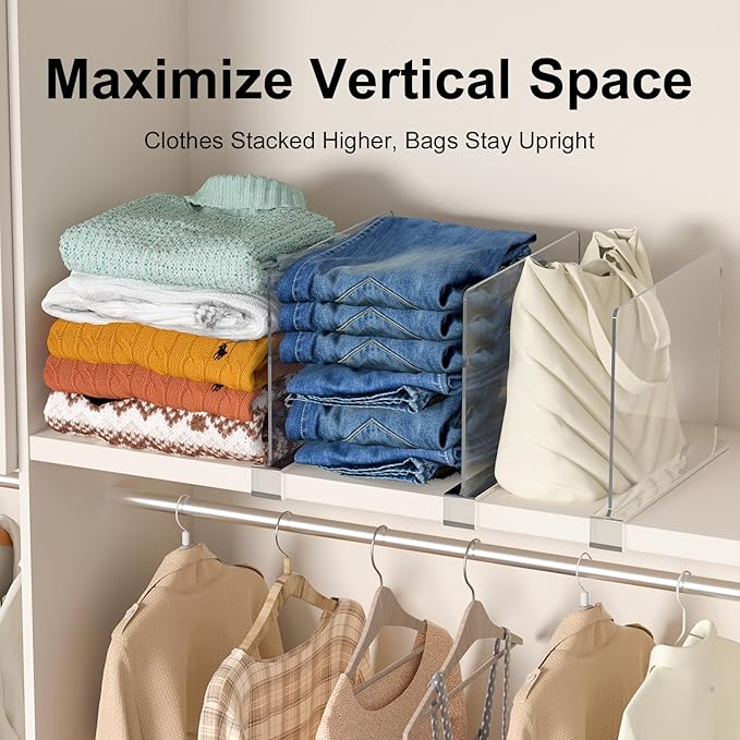 Purse Organizer for Closet Shelf Dividers: 8-Pack Adjustable Clear Acrylic Bag Storage Organizer for Handbags, Sweaters, Towels, Jeans and Shoes on Wood Shelves