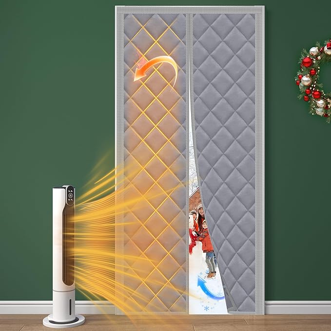 Magnetic Thermal Insulated Door Curtain Fits 72'' x 80'' Doors (Curtain Size 74'' x 84''), Oxford&Cotton Thermal Door Cover Insulation for Winter/Doorway, Keep Warm, Grey