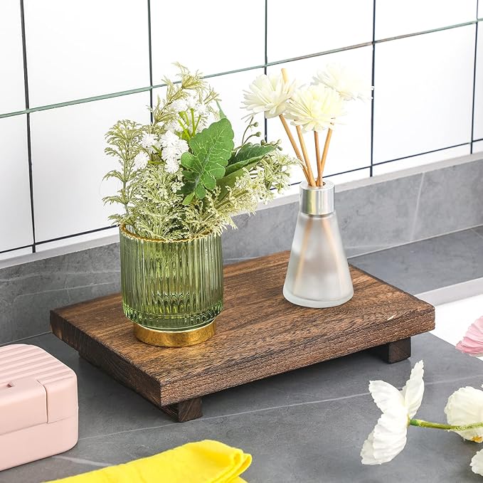Nuogo Wood Riser Tray Soap, Stand Soap Tray for Kitchen Sink, Wood Pedestal for Kitchen Counter Sink Stand Decorative Rustic Bathroom Dishes Plant Bottles Candles Display(12 x 7 Inch,Brown)