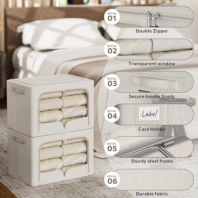 FHSQX 3 Pack Clothes Storage Bins - Foldable Metal Frame Storage Box - Stackable Linen Fabric Container Organizer Set with Carrying Handles and Clear Window (Beige, 19.7x15.7x13inch(66L))