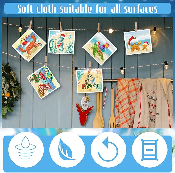 6 Pcs Swedish Kitchen Dish Towels Kitchen Cloths Reusable Sponge Cleaning Cloths Absorbent Dish Cloth Quick Drying Washable Cleaning Wipes No Odor Hand Towel (Christmas Beach)