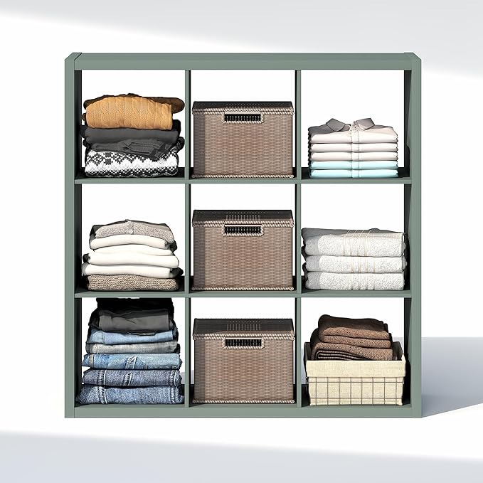 Furinno Cubic Closet Organizers and Storage, 9-Cube Closet Organizer, Open Shelf Closet Storage, Extra Thick Frame for Wardrobe, Bedroom, Living Room, Sage Green