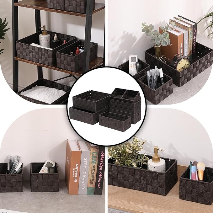 Storage Bins Woven Organizer Set of 7 – Polypropylene Storage Baskets with Metal Frame, Stackable Fabric Boxes for Drawers, Closet, Shelf, Nursery and Office, Brown