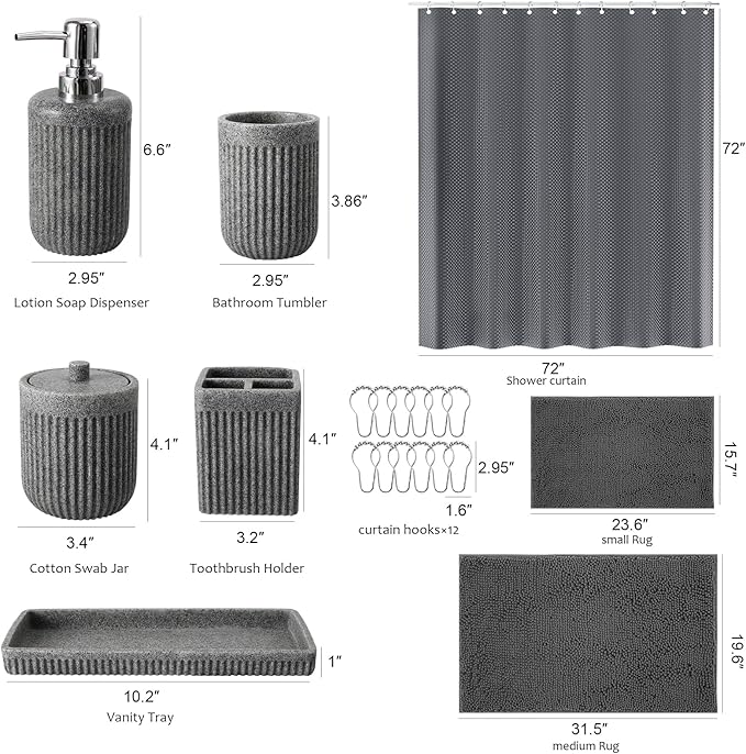 8-Piece Grey Bathroom Sets with Shower Curtain and Rugs, Resin Bathroom Accessories Sets Complete with Soap Dispenser, Toothbrush Holder, Tumbler & Apothecary Jars Bathroom Essentials