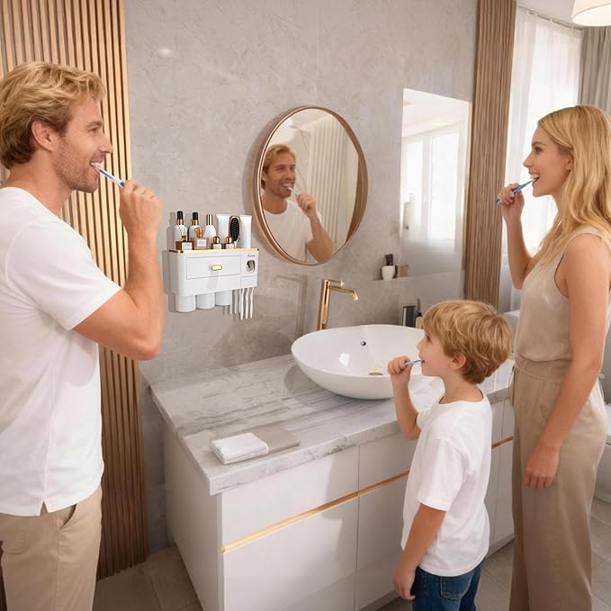 iHave Toothbrush Holders Wall Mounted with Toothpaste Dispenser & 3 Cups - Premium White and Gold Design for Bathroom Decor, All-in-One Bathroom Organizers & Storage for Toothbrushes and Accessories