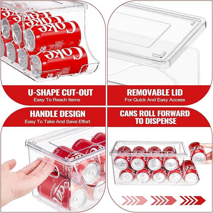Stackable Refrigerator Organizer, Soda Can Dispenser Pop Cans Container Beverage Holder with Lid for Fridge, Freezer, Kitchen, Clear Plastic Storage Bins-Holds 10 Cans Each (One)