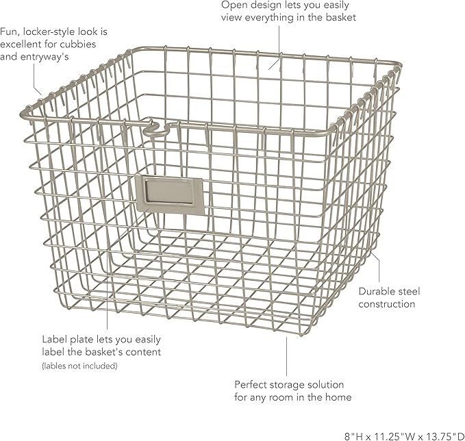 Spectrum Medium Wire Basket with Label Plate Satin Nickel Storage Basket Bin Organizer for Kitchen Pantry Cabinet, Sturdy Steel Heavy Duty Kitchen Wire Basket Storage Bins for Pantry Organization