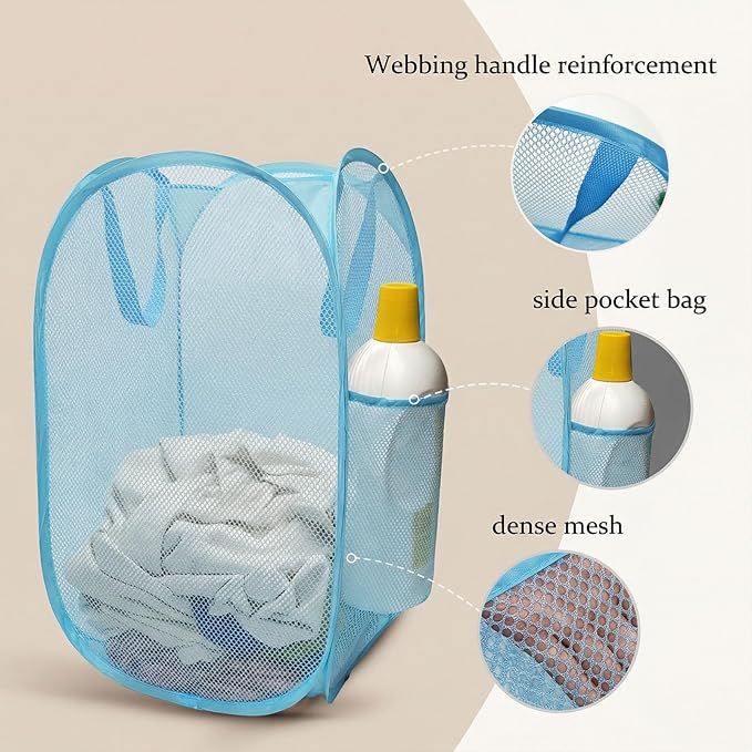 The upgraded pop-up laundry basket features a breathable side pocket mesh design, making it ideal for rooms, apartments, dormitories, travel, business trips, and children's storage (1,sky blue)