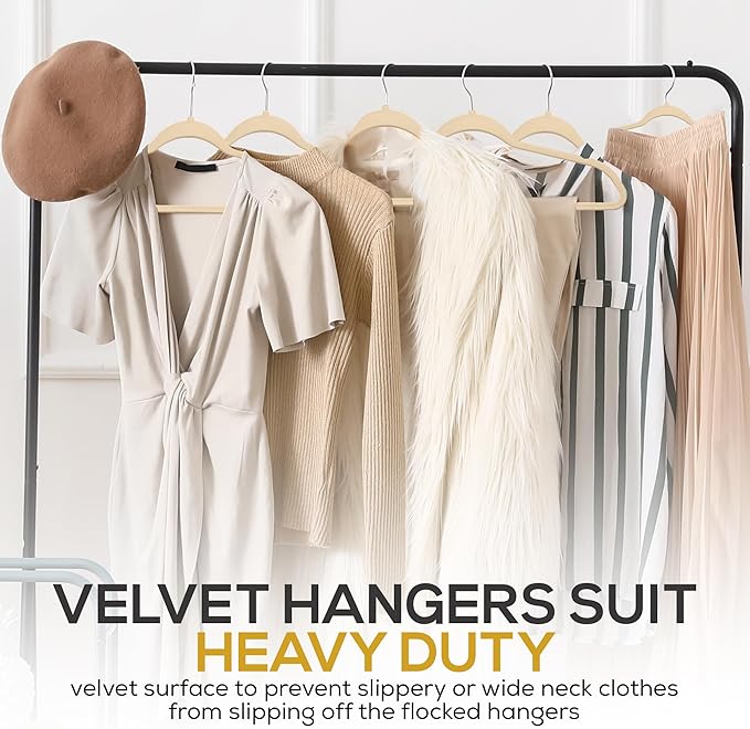 Techzoo 50 Pack New Premium Quality Velvet Hangers Ultra Thin Non Slip Adult Felt Space Saving Hangers for Closet Heavy Duty Coat Pants Jackets Dress Hangers 360° Swivel Hook Hold Upto 10 lbs Ivory