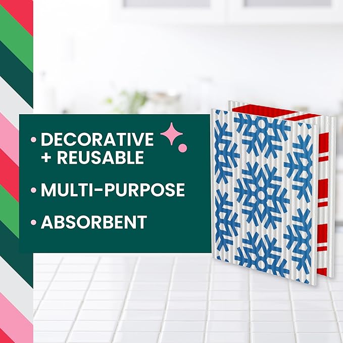 Scotch-Brite Season’s Clean Sponge Cloths, Reusable Dish Towel That Absorbs Like a Sponge, Holiday Patterned Wipes for Nonstick Cookware, Tile, Countertops, Mirrors, and Faucets, 2 Dish Towels