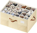 Shoe Organizer for Closet, 1 Pack Shoe Storage Container with Adjustable Dividers, Space Saving Shoe Box Storage Organizer Bin with Clear Lid and 4 Handles, Fits 12-24 Pairs, Beige